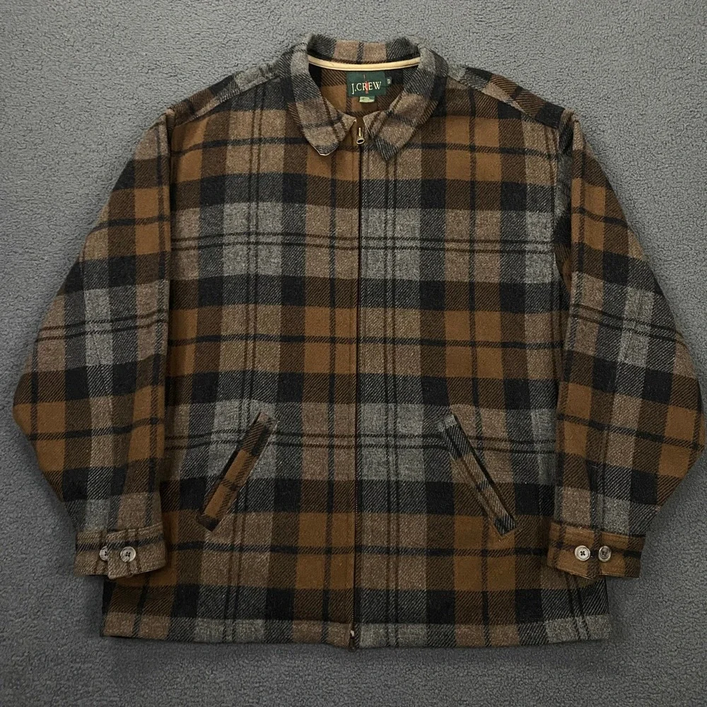 Vintage J.CREW Oarsman Jacket Mens XLT Brown Plaid Wool Full Zip Made in USA